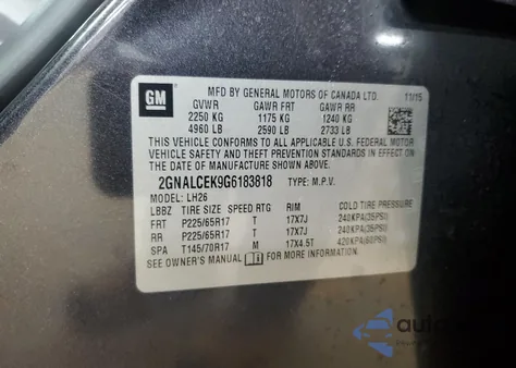 2016 Chevrolet Equinox Lt из США, поврежденный, VIN 2GNALCEK9G6183818